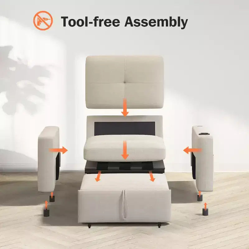 3-In-1 Sleeper Sofa Chair Bed, 42.5 W Convertible Sleeper Chair with Pull Out Bed, USB Charging Ports & Side Table, Cup Holder