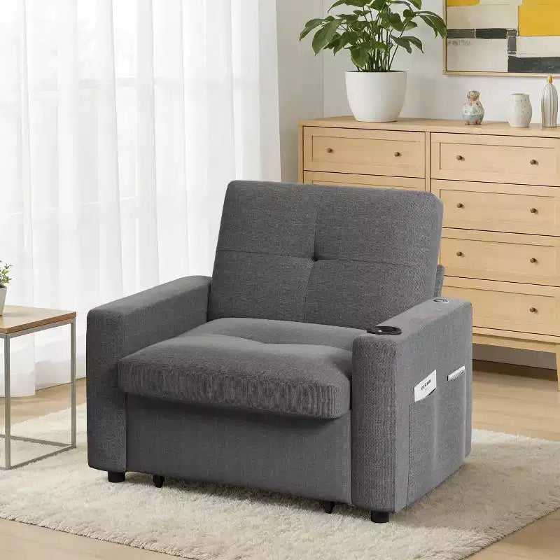 3-In-1 Sleeper Sofa Chair Bed, 42.5 W Convertible Sleeper Chair with Pull Out Bed, USB Charging Ports & Side Table, Cup Holder