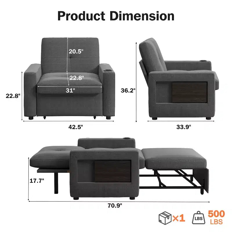 3-In-1 Sleeper Sofa Chair Bed, 42.5 W Convertible Sleeper Chair with Pull Out Bed, USB Charging Ports & Side Table, Cup Holder
