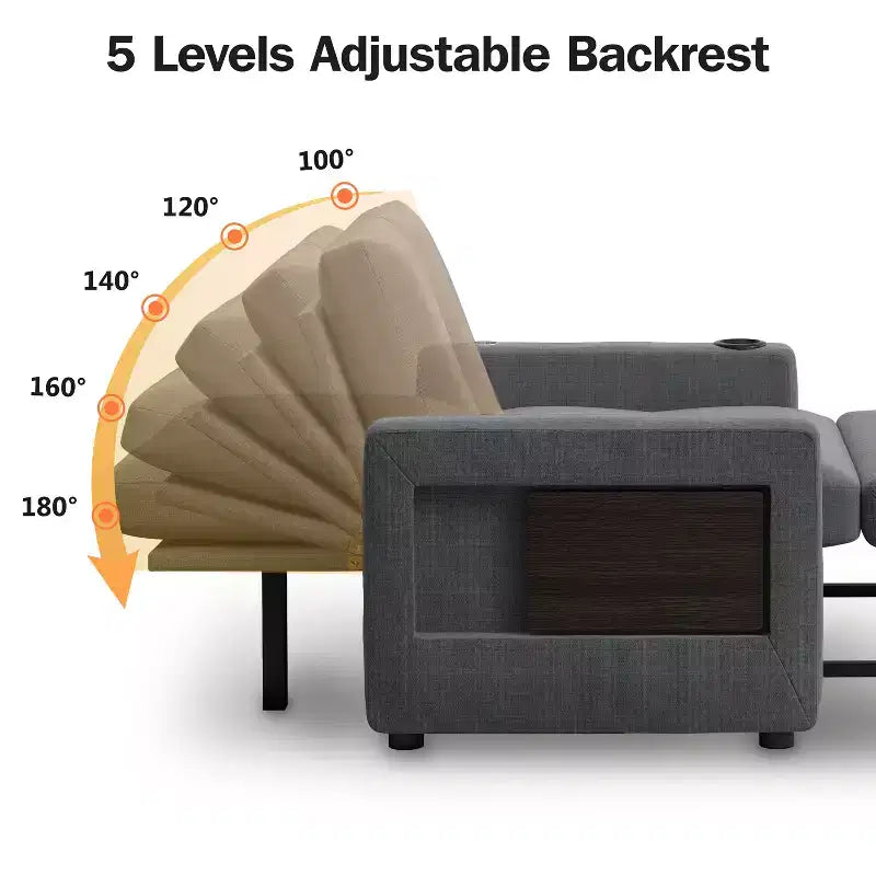 3-In-1 Sleeper Sofa Chair Bed, 42.5 W Convertible Sleeper Chair with Pull Out Bed, USB Charging Ports & Side Table, Cup Holder