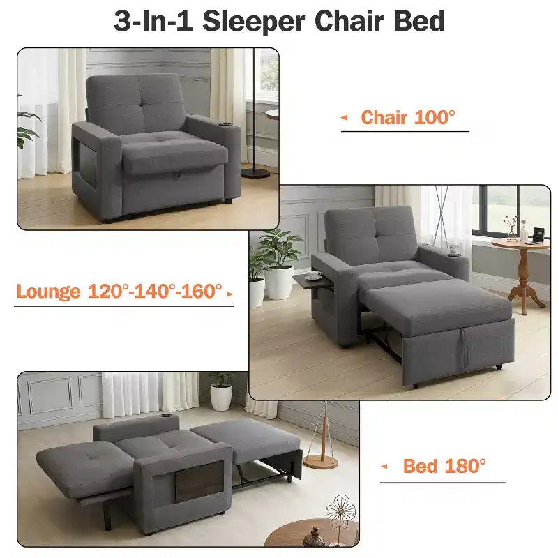 3-In-1 Sleeper Sofa Chair Bed, 42.5 W Convertible Sleeper Chair with Pull Out Bed, USB Charging Ports & Side Table, Cup Holder