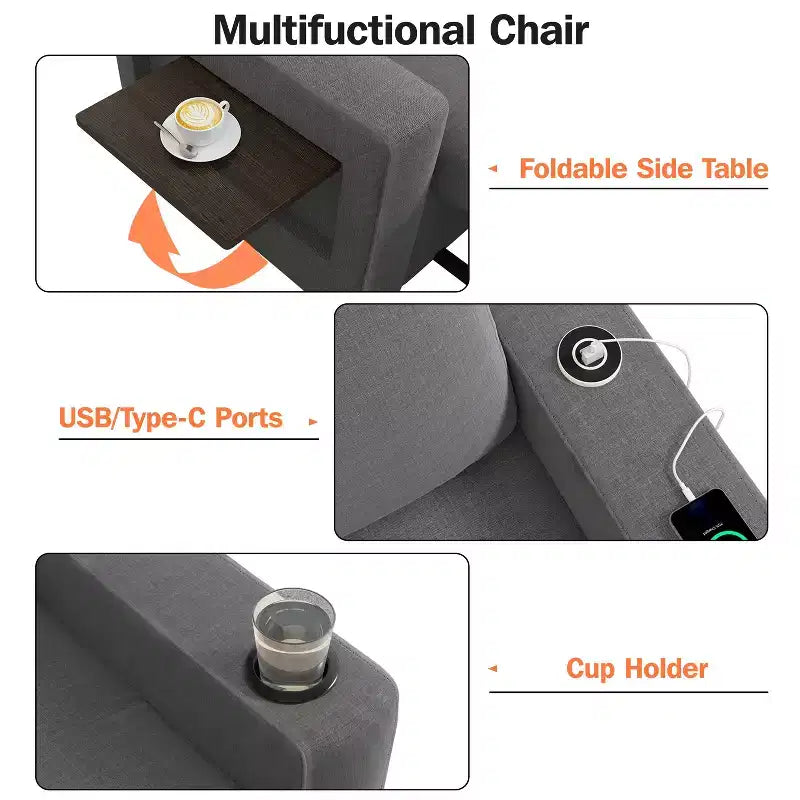 3-In-1 Sleeper Sofa Chair Bed, 42.5 W Convertible Sleeper Chair with Pull Out Bed, USB Charging Ports & Side Table, Cup Holder