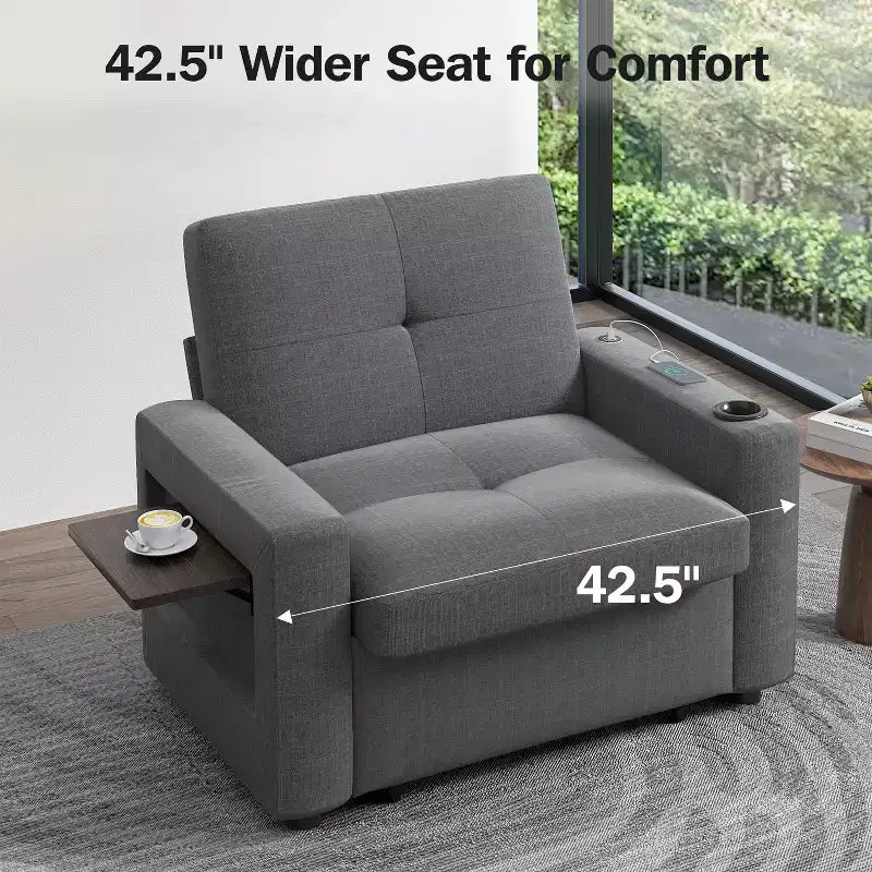 3-In-1 Sleeper Sofa Chair Bed, 42.5 W Convertible Sleeper Chair with Pull Out Bed, USB Charging Ports & Side Table, Cup Holder