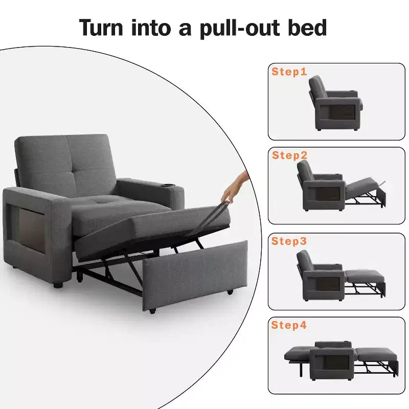 3-In-1 Sleeper Sofa Chair Bed, 42.5 W Convertible Sleeper Chair with Pull Out Bed, USB Charging Ports & Side Table, Cup Holder
