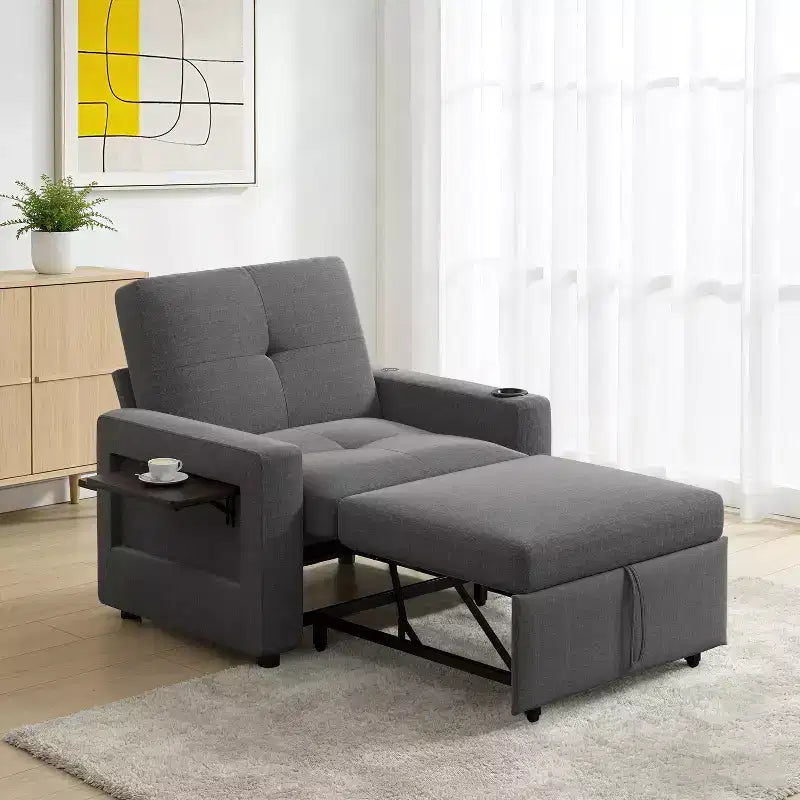 Dyonery 3-in-1 Sleeper Sofa Chair Bed, 42.5 W Convertible Sleeper Chair with Pull Out Bed, USB Charging Ports & Side Table, Cup Holder