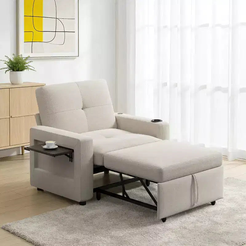 Fauteuil-lit 3-en-1 avec matelas escamotable de 42,5 po de large, ports de chargement USB, table d'appoint et porte-gobelet