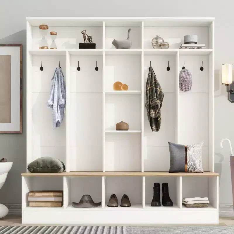 Wide Design Hall Tree with Storage Bench, Minimalist Shoe Cabinet with Cube Storage & Shelves