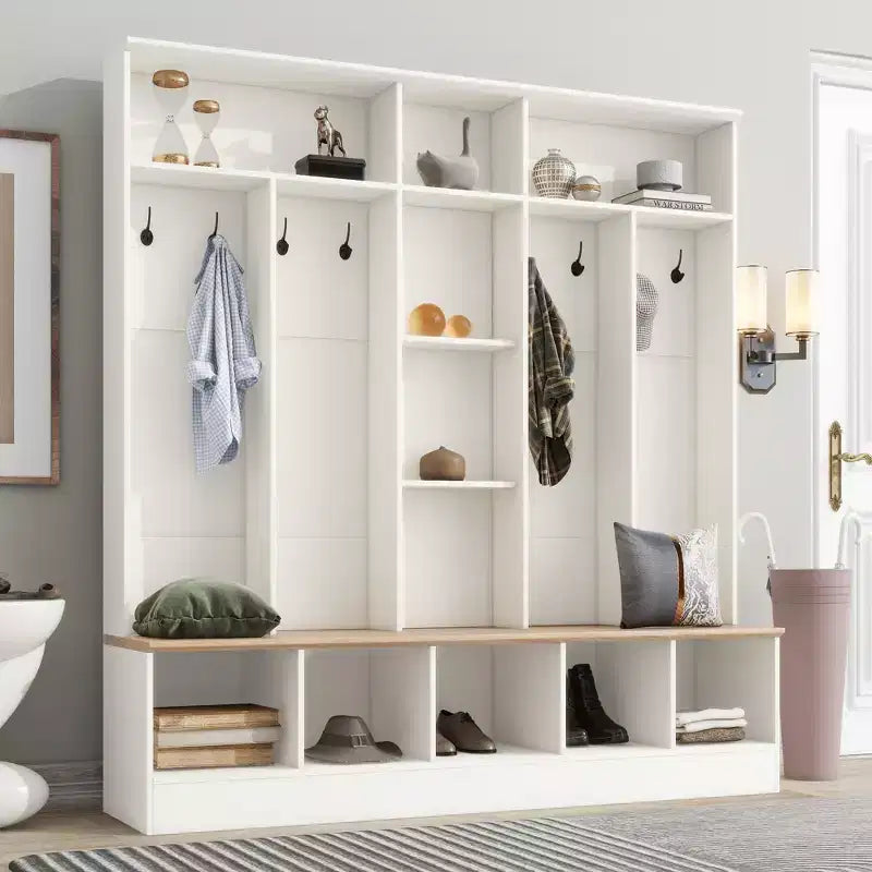 Wide Design Hall Tree with Storage Bench, Minimalist Shoe Cabinet with Cube Storage & Shelves