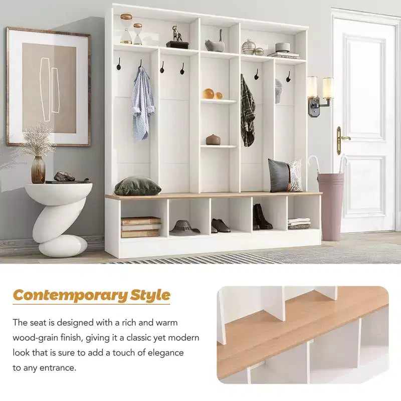 Wide Design Hall Tree with Storage Bench, Minimalist Shoe Cabinet with Cube Storage & Shelves