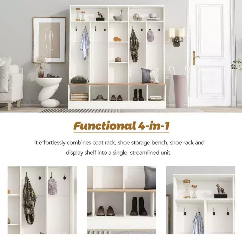 Wide Design Hall Tree with Storage Bench, Minimalist Shoe Cabinet with Cube Storage & Shelves