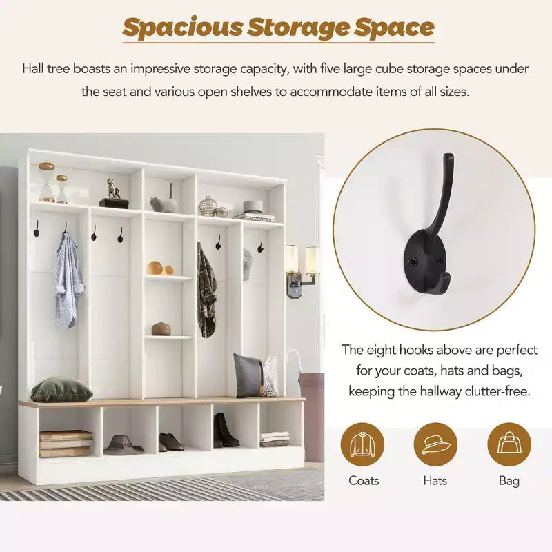 Wide Design Hall Tree with Storage Bench, Minimalist Shoe Cabinet with Cube Storage & Shelves