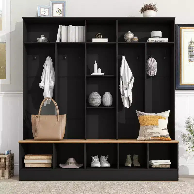 Wide Design Hall Tree with Storage Bench, Minimalist Shoe Cabinet with Cube Storage & Shelves