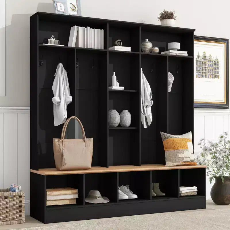 Wide Design Hall Tree with Storage Bench, Minimalist Shoe Cabinet with Cube Storage & Shelves