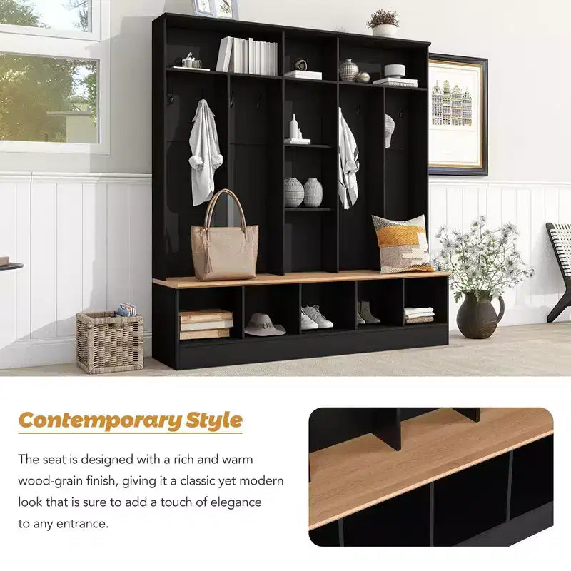 Wide Design Hall Tree with Storage Bench, Minimalist Shoe Cabinet with Cube Storage & Shelves