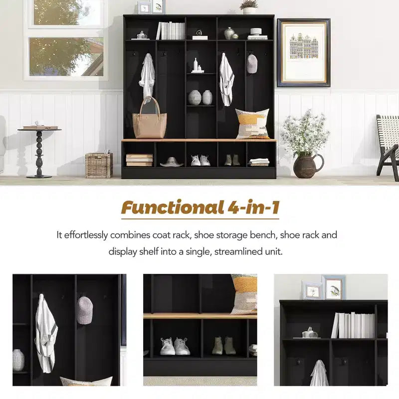 Wide Design Hall Tree with Storage Bench, Minimalist Shoe Cabinet with Cube Storage & Shelves