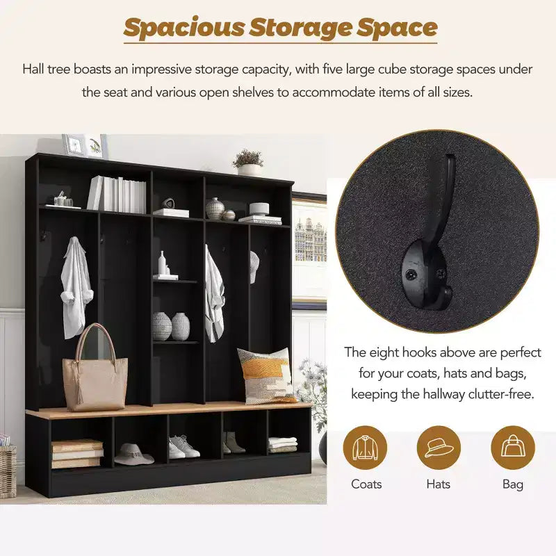Wide Design Hall Tree with Storage Bench, Minimalist Shoe Cabinet with Cube Storage & Shelves