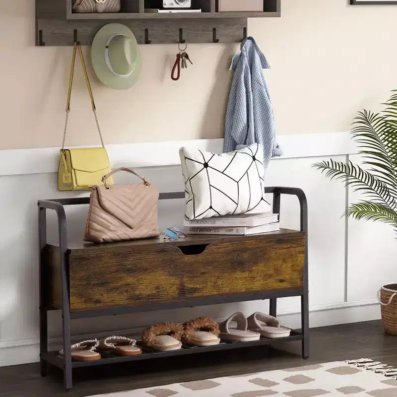 Shoe Storage Bench with Seating Entryway Storage Bench with Storage Box, Shoe Rack with Organizer Drawer Industrial Style