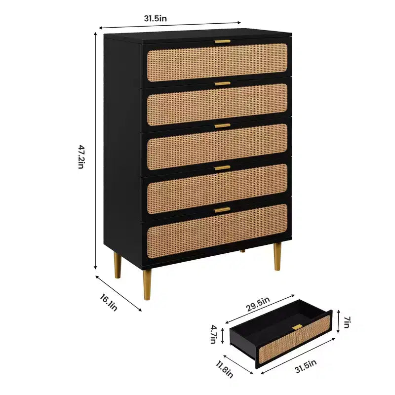 Rattan 5 Drawer Dressers for Bedroom, Tall Dresser with Deep Drawers, Large Chest of Drawers for Closet with Wide Top, Long Wooden Dresser