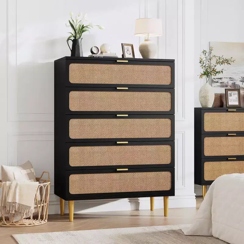 Rattan 5 Drawer Dressers for Bedroom, Tall Dresser with Deep Drawers, Large Chest of Drawers for Closet with Wide Top, Long Wooden Dresser