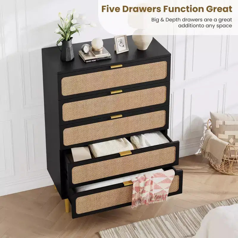 Rattan 5 Drawer Dressers for Bedroom, Tall Dresser with Deep Drawers, Large Chest of Drawers for Closet with Wide Top, Long Wooden Dresser