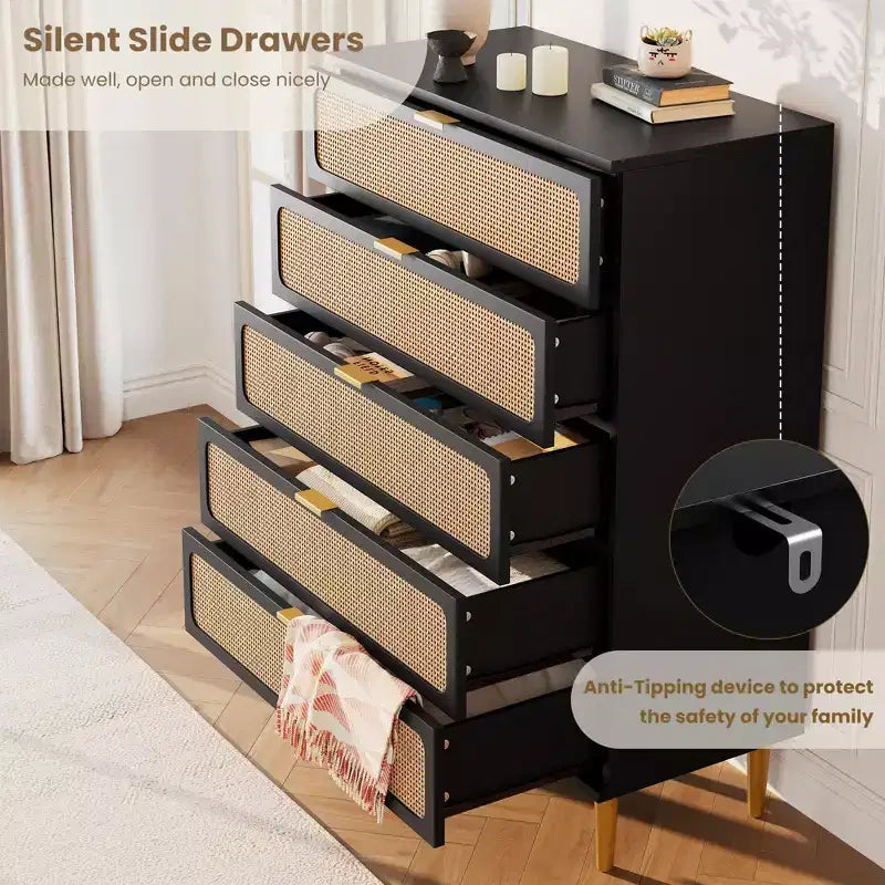Rattan 5 Drawer Dressers for Bedroom, Tall Dresser with Deep Drawers, Large Chest of Drawers for Closet with Wide Top, Long Wooden Dresser