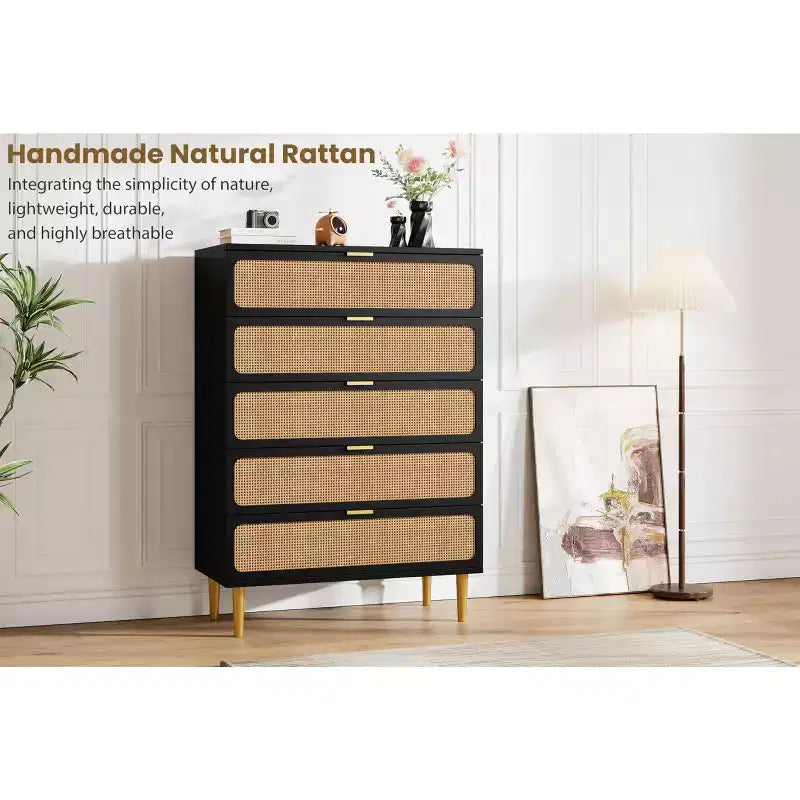 Rattan 5 Drawer Dressers for Bedroom, Tall Dresser with Deep Drawers, Large Chest of Drawers for Closet with Wide Top, Long Wooden Dresser