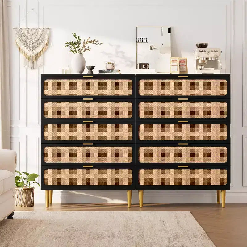 Rattan 5 Drawer Dressers for Bedroom, Tall Dresser with Deep Drawers, Large Chest of Drawers for Closet with Wide Top, Long Wooden Dresser