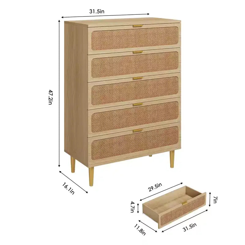 Rattan 5 Drawer Dressers for Bedroom, Tall Dresser with Deep Drawers, Large Chest of Drawers for Closet with Wide Top, Long Wooden Dresser