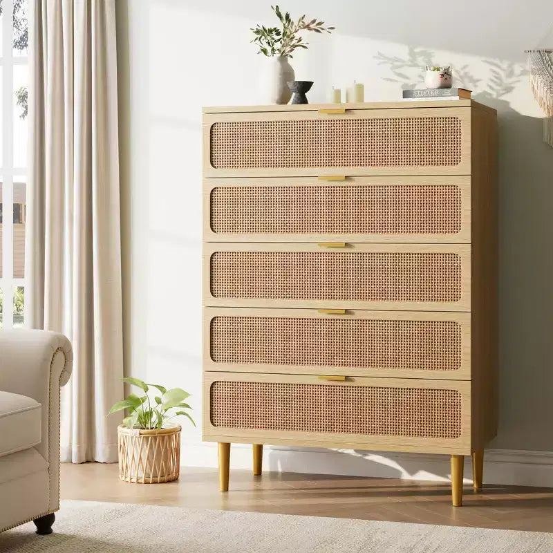 Rattan 5 Drawer Dressers for Bedroom, Tall Dresser with Deep Drawers, Large Chest of Drawers for Closet with Wide Top, Long Wooden Dresser