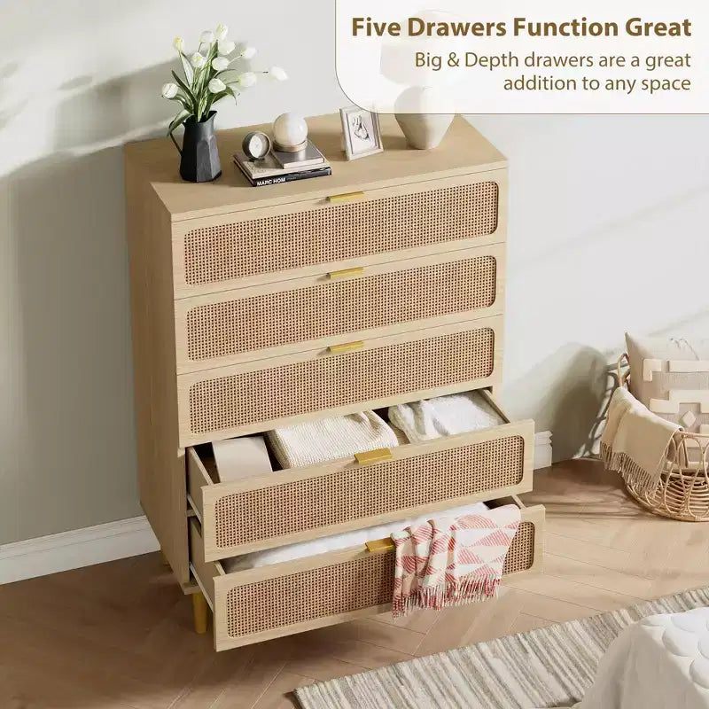 Rattan 5 Drawer Dressers for Bedroom, Tall Dresser with Deep Drawers, Large Chest of Drawers for Closet with Wide Top, Long Wooden Dresser