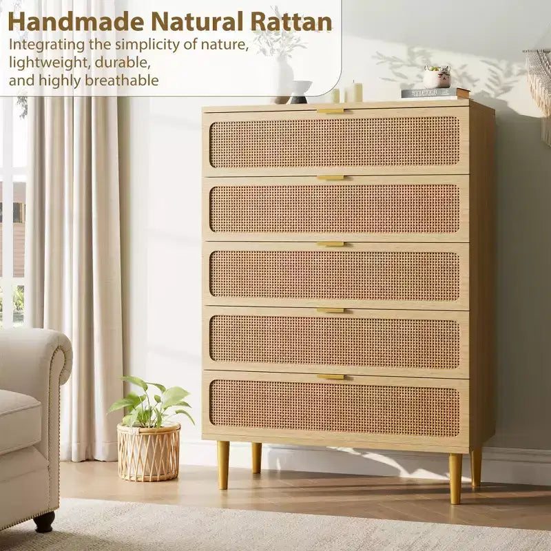 Rattan 5 Drawer Dressers for Bedroom, Tall Dresser with Deep Drawers, Large Chest of Drawers for Closet with Wide Top, Long Wooden Dresser