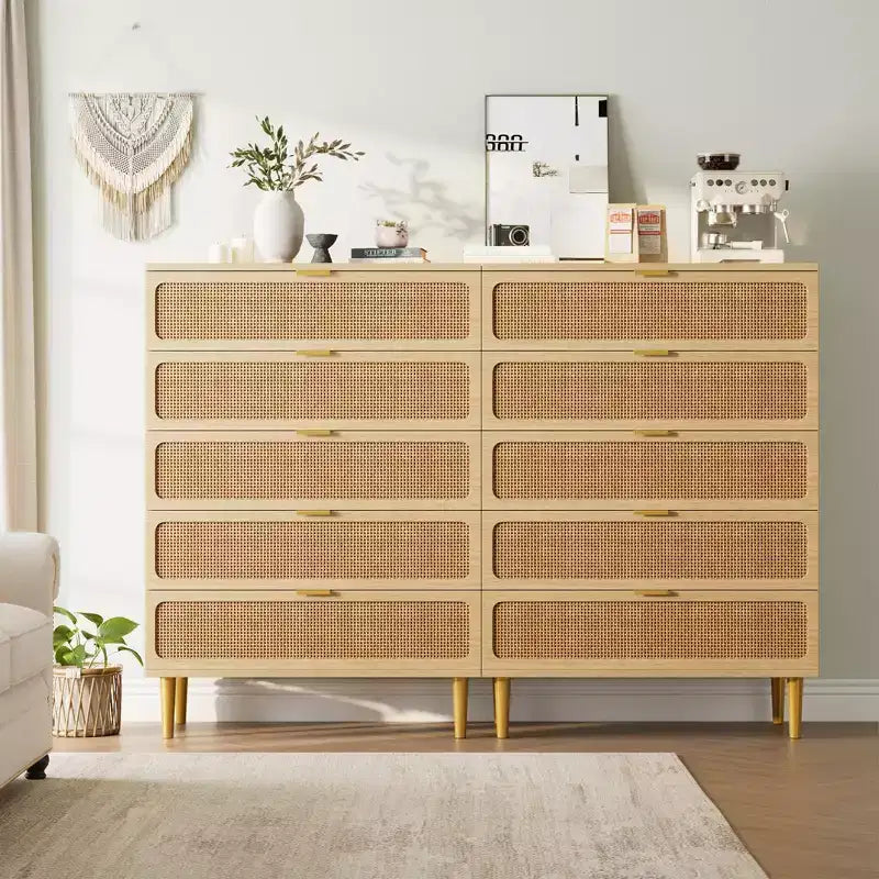 Rattan 5 Drawer Dressers for Bedroom, Tall Dresser with Deep Drawers, Large Chest of Drawers for Closet with Wide Top, Long Wooden Dresser