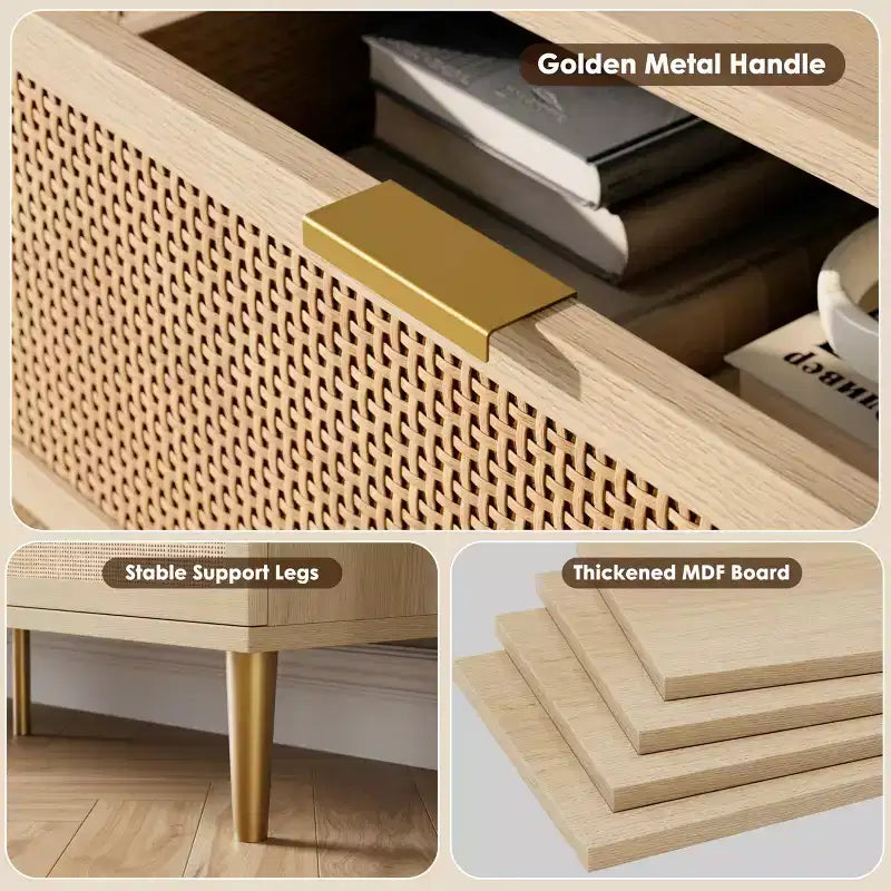 Rattan 5 Drawer Dressers for Bedroom, Tall Dresser with Deep Drawers, Large Chest of Drawers for Closet with Wide Top, Long Wooden Dresser