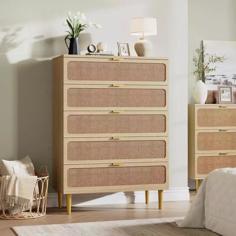 GustoWave Rattan 5 Drawer Dressers for Bedroom, Tall Dresser with Deep Drawers, Large Chest of Drawers for Closet with Wide Top, Long Wooden Dresser