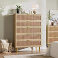 GustoWave Rattan 5 Drawer Dressers for Bedroom, Tall Dresser with Deep Drawers, Large Chest of Drawers for Closet with Wide Top, Long Wooden Dresser
