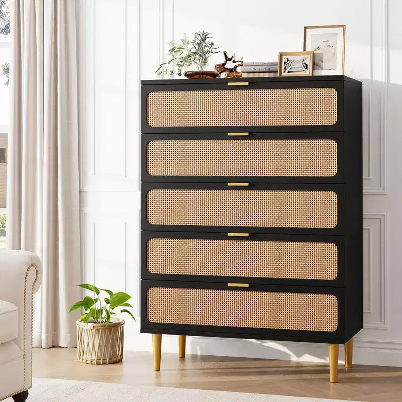 Rattan 5 Drawer Dressers for Bedroom, Tall Dresser with Deep Drawers, Large Chest of Drawers for Closet with Wide Top, Long Wooden Dresser