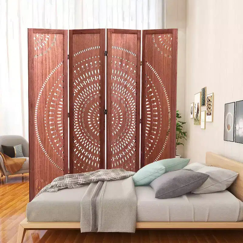 MAYEERTY 4 Panel Solid Wood Folding Room Divider Brown for Home Office