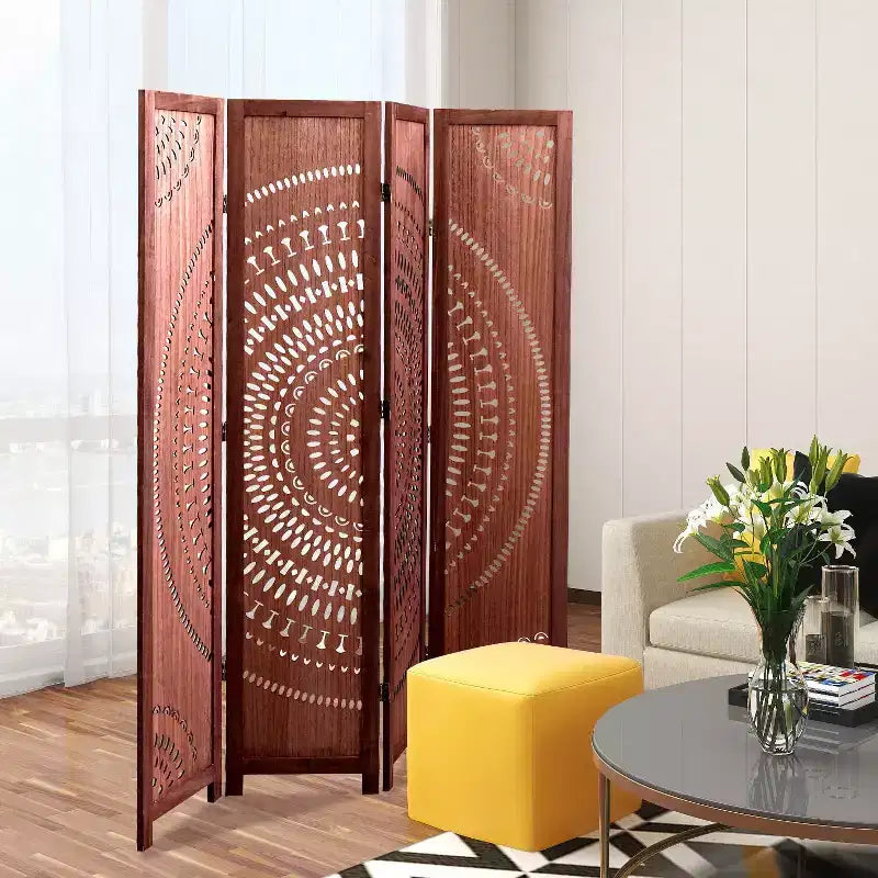 4 Panel Solid Wood Folding Room Divider Brown for Home Office