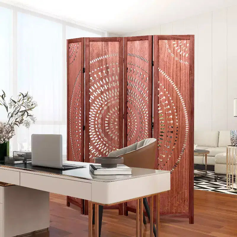 4 Panel Solid Wood Folding Room Divider Brown for Home Office