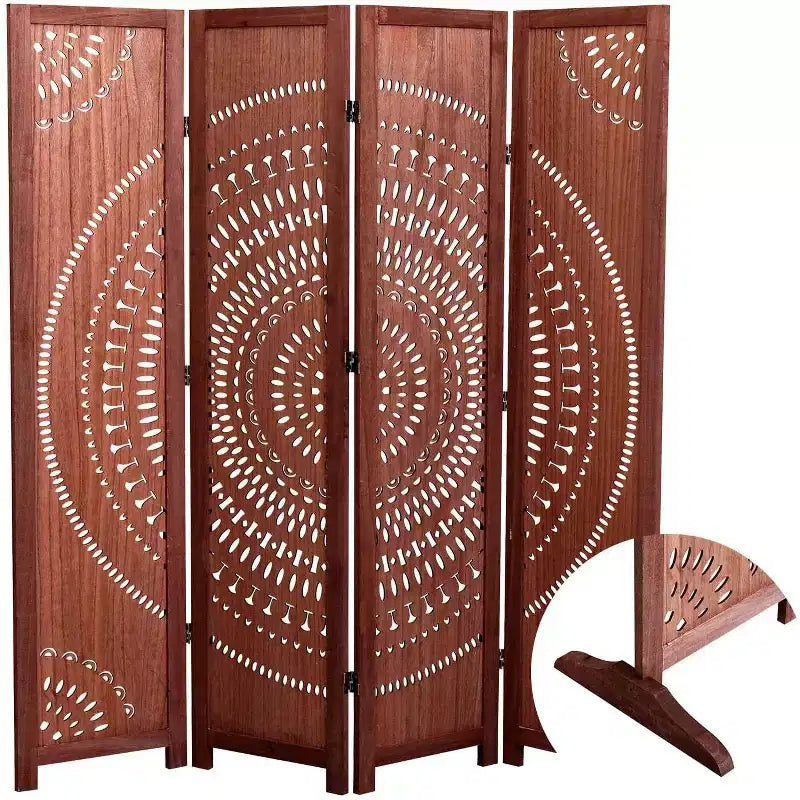 4 Panel Solid Wood Folding Room Divider Brown for Home Office