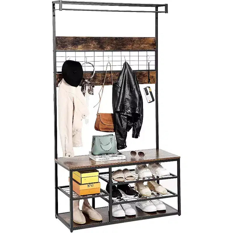 Entryway Storage Bench, 3-Tier Industrial Shoe Rack with 5 Coat Hooks, Rustic Wood Style Hall Tree for Home/Closet Organization