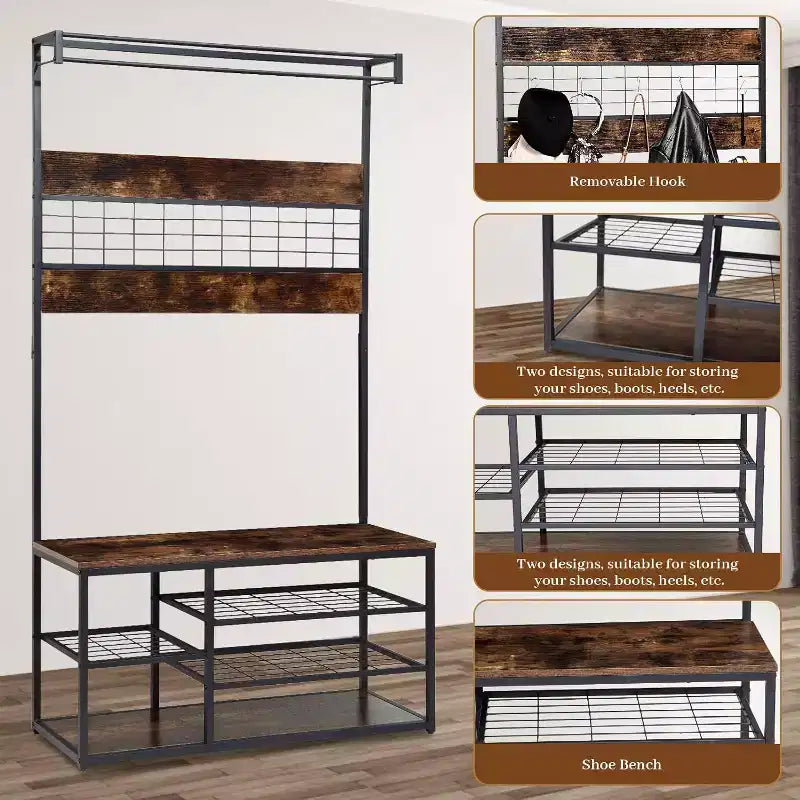 Entryway Storage Bench, 3-Tier Industrial Shoe Rack with 5 Coat Hooks, Rustic Wood Style Hall Tree for Home/Closet Organization