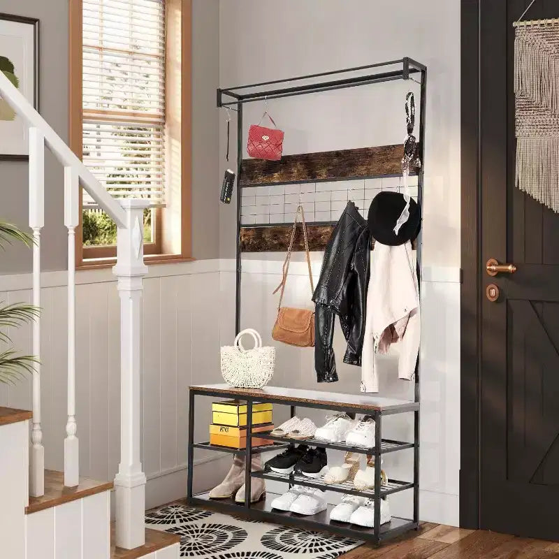 Entryway Storage Bench, 3-Tier Industrial Shoe Rack with 5 Coat Hooks, Rustic Wood Style Hall Tree for Home/Closet Organization