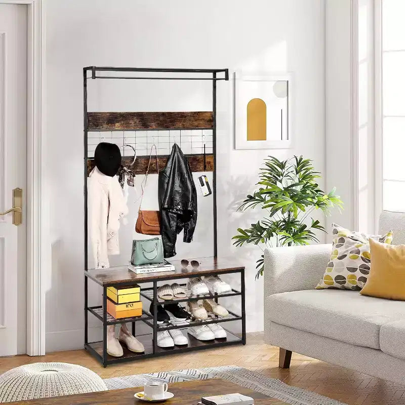 Entryway Storage Bench, 3-Tier Industrial Shoe Rack with 5 Coat Hooks, Rustic Wood Style Hall Tree for Home/Closet Organization