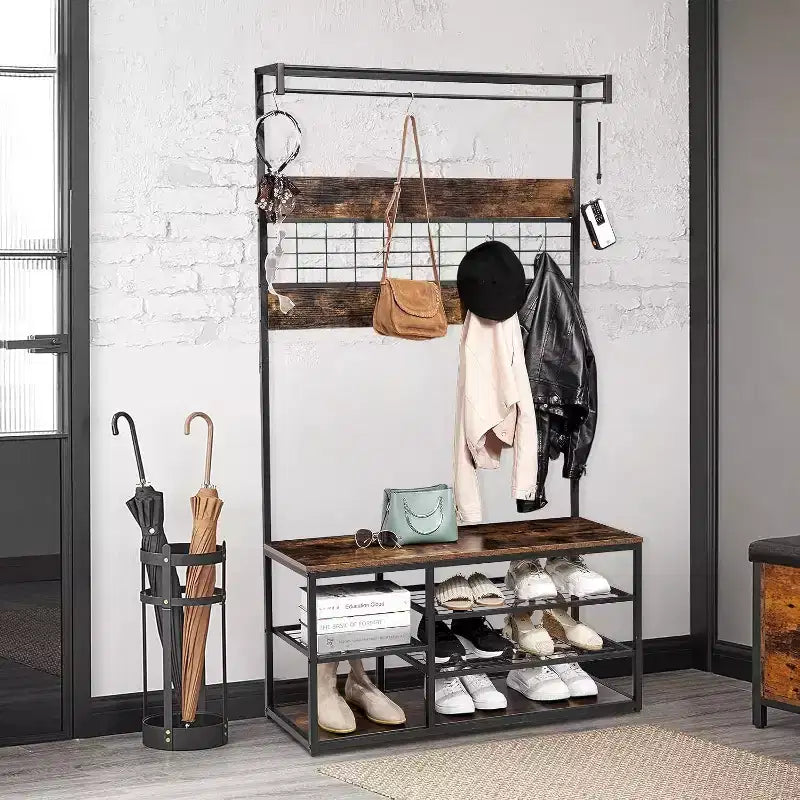 Entryway Storage Bench, 3-Tier Industrial Shoe Rack with 5 Coat Hooks, Rustic Wood Style Hall Tree for Home/Closet Organization