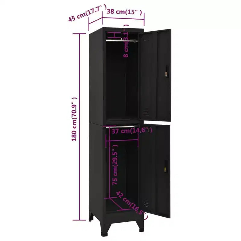 Locker Grey Steel Large Locker Cabinet Rectangular Industrial - Black With 2 lockers