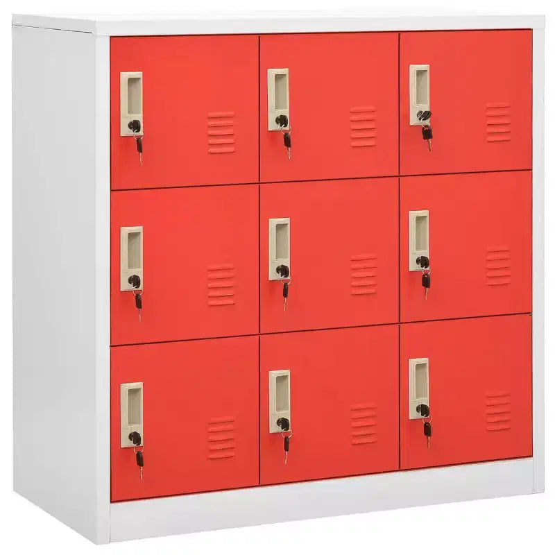 Locker Cabinet - Modern Design Steel Storage Organizer with 9 Lockers - Suitable for Schools, Offices and Homes - Gray and Red