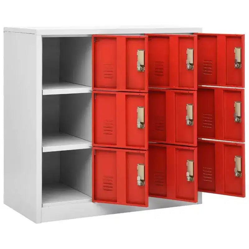 Locker Cabinet - Modern Design Steel Storage Organizer with 9 Lockers - Suitable for Schools, Offices and Homes - Gray and Red