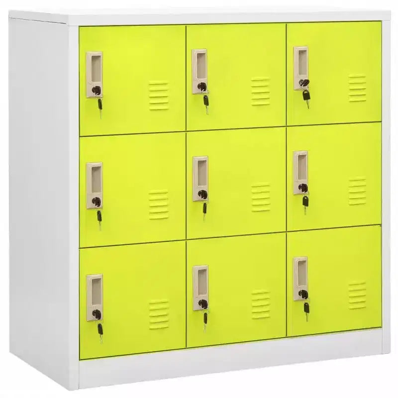 Steel Locker Cabinet with 9 Lockers - Gray and Green, 35.4x17.7x36.4, Secure Storage Organizer for Schools, Offices, and Home