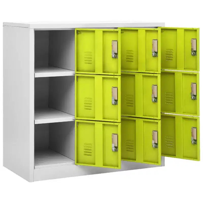 Steel Locker Cabinet with 9 Lockers - Gray and Green, 35.4x17.7x36.4, Secure Storage Organizer for Schools, Offices, and Home